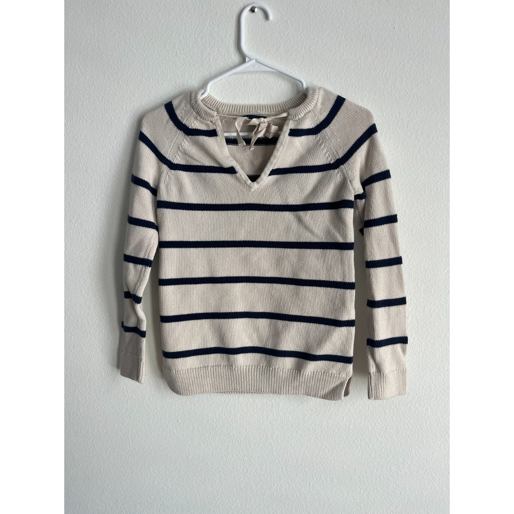 Gap Sweater Womens‎ XS Beige Navy Blue Striped Tie V Neck Tight Knit Ribbed Warm